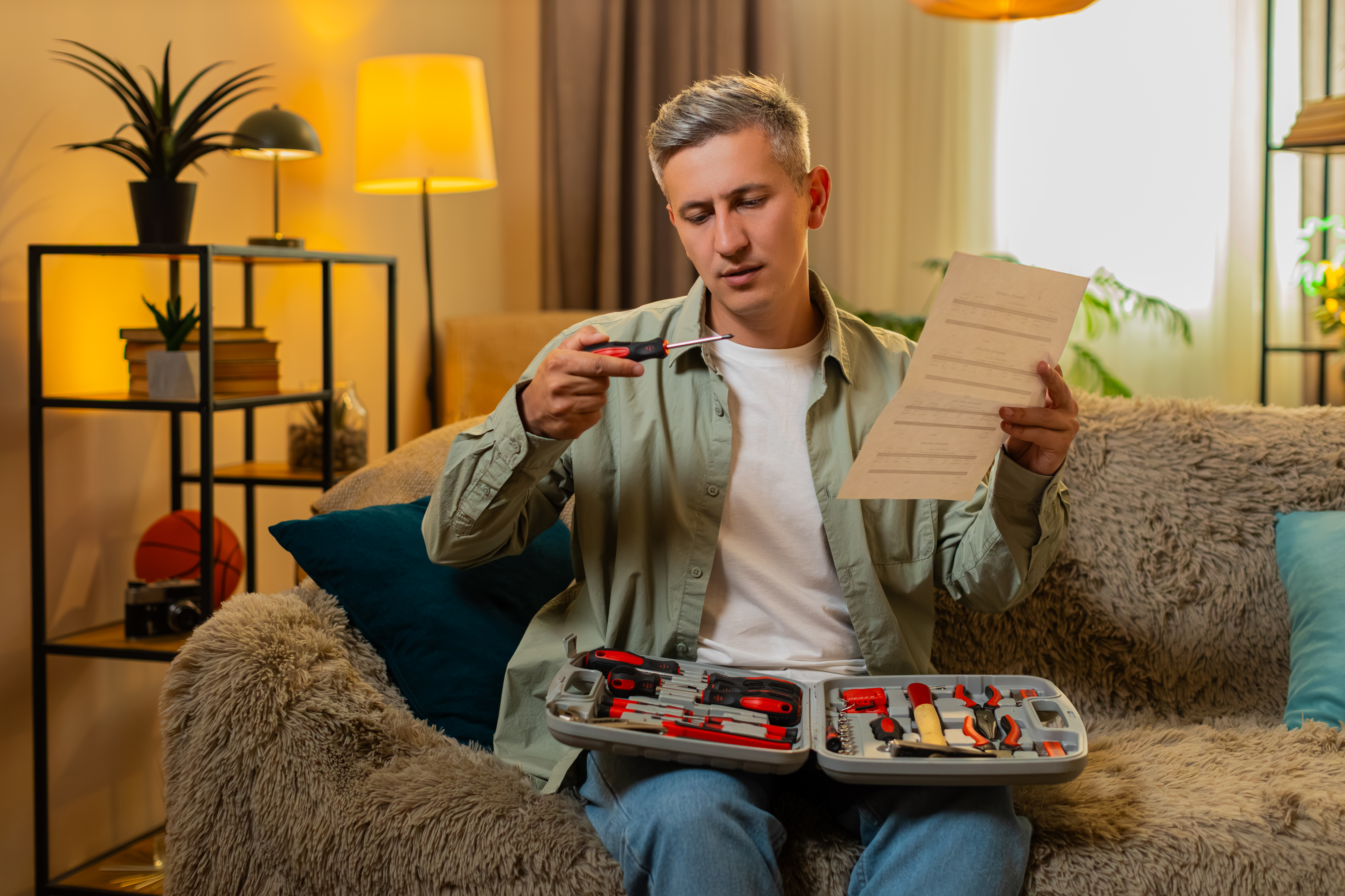 Middle-aged man on home sofa reads instruction and picks up screwdriver from tool kit before furniture assembly. Young adult guy on home sofa prepares for home repair with focused serious expression.